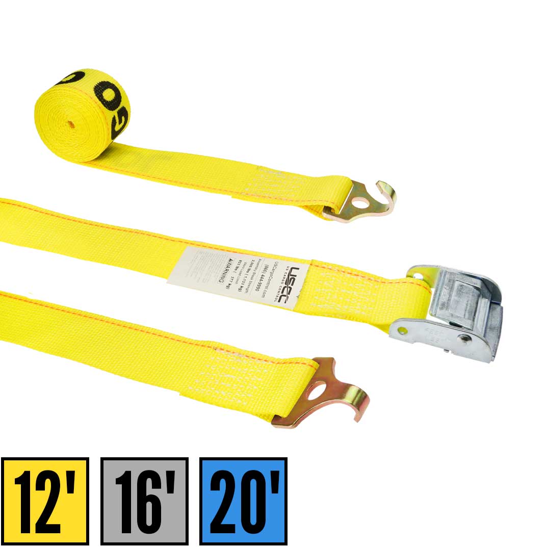 2" x 12' Yellow Cam Buckle Strap with Plate Trailer F-Hooks