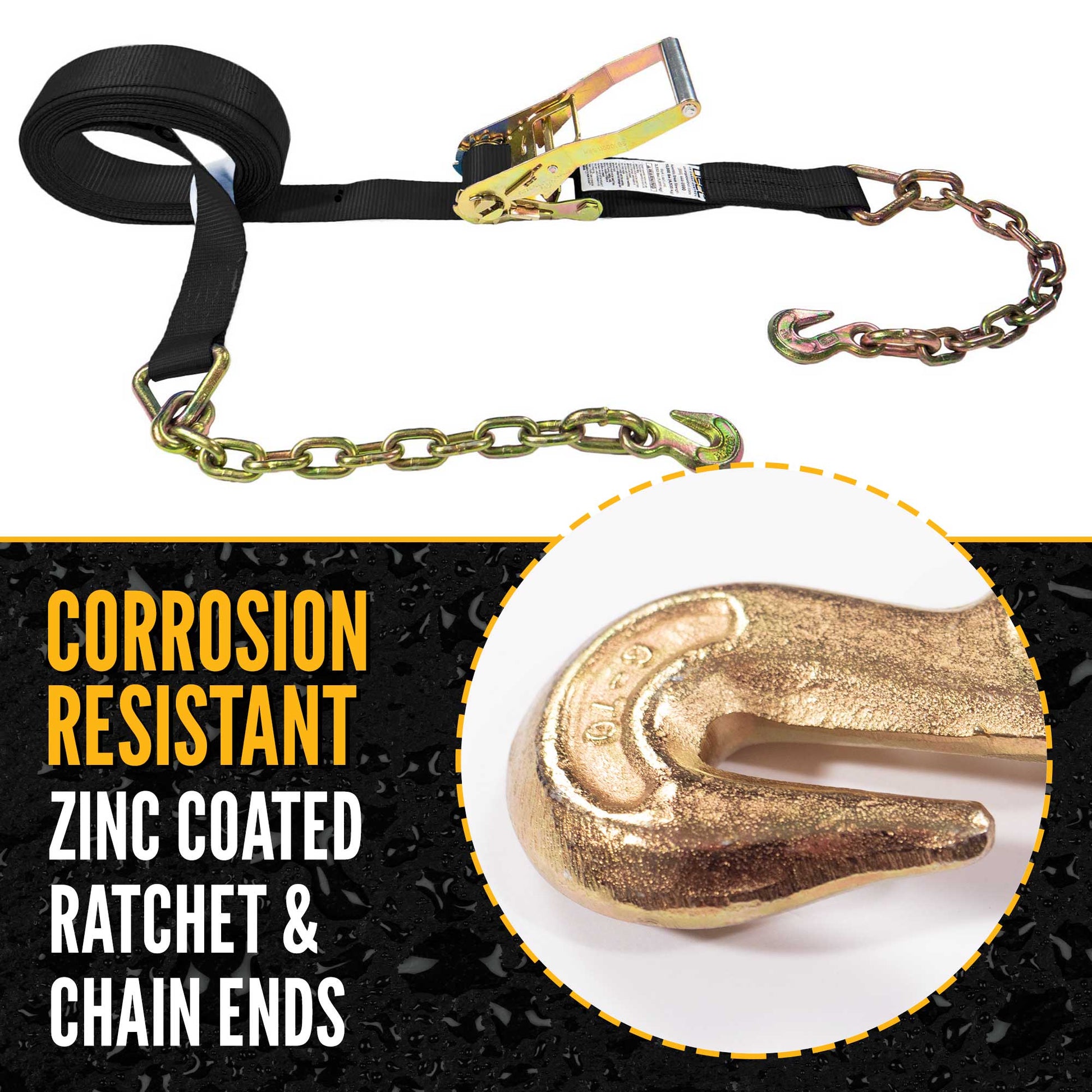 30' ratchet strap -  zinc coated hardware resists corrosion