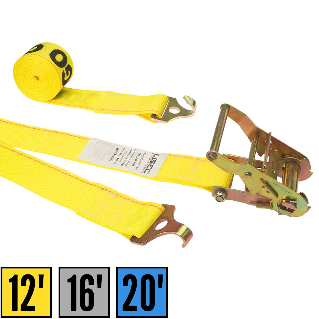 2" x 12' Ratchet Strap with Plate Trailer F-Hooks | Yellow