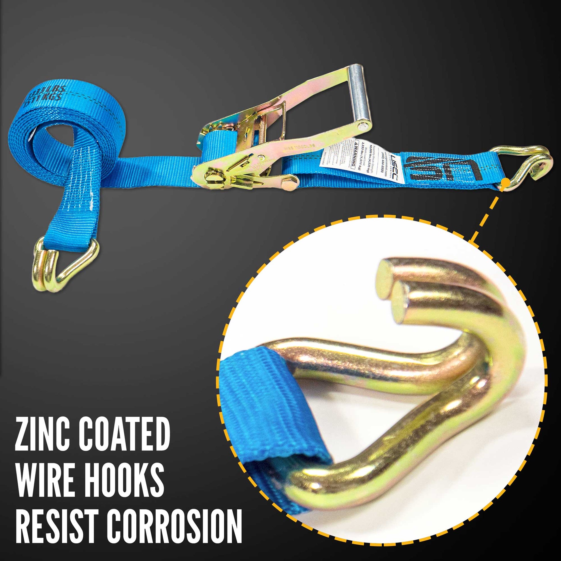 30' ratchet strap -  zinc coated wire hooks resist corrosion