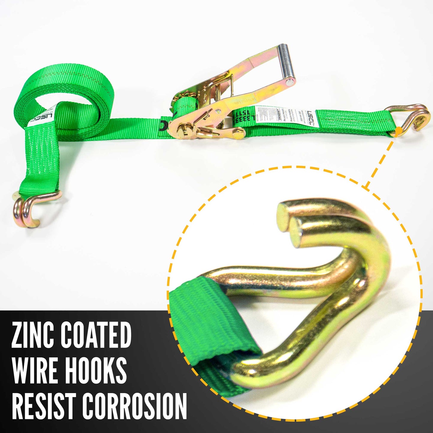 18' ratchet strap -  zinc coated wire hooks resist corrosion