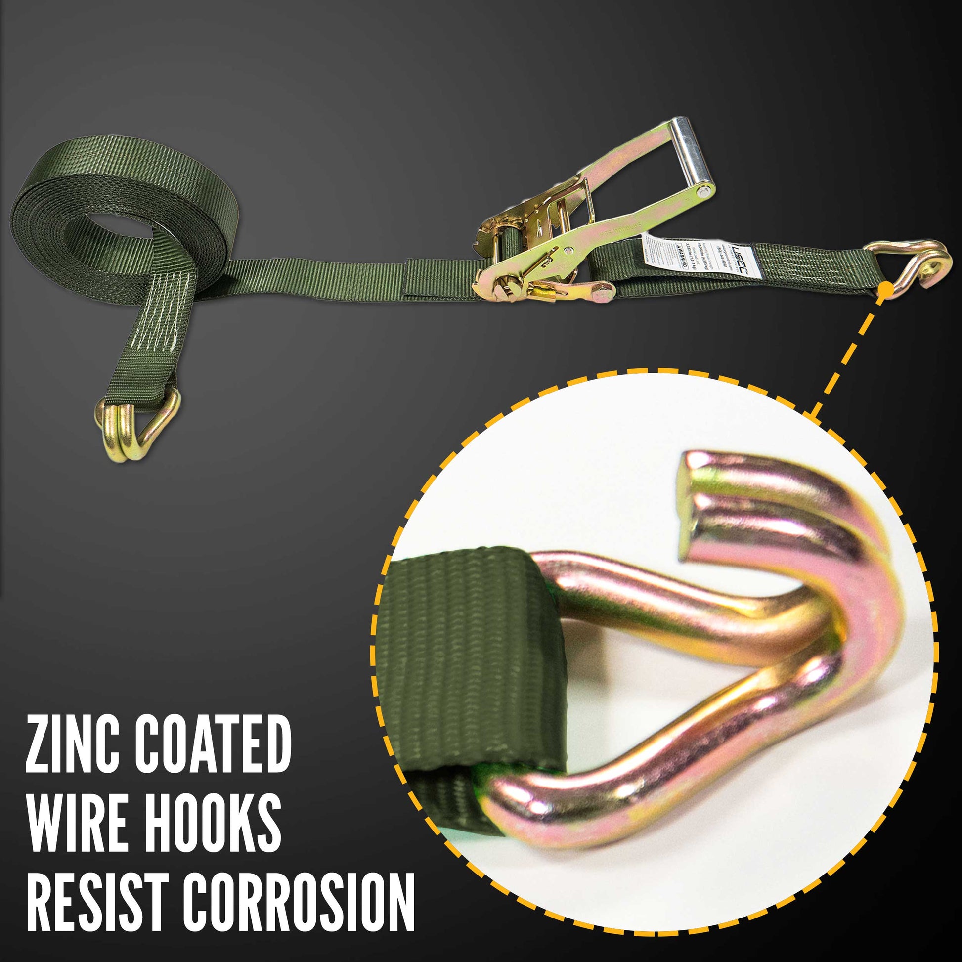 12' ratchet strap -  zinc coated wire hooks resist corrosion