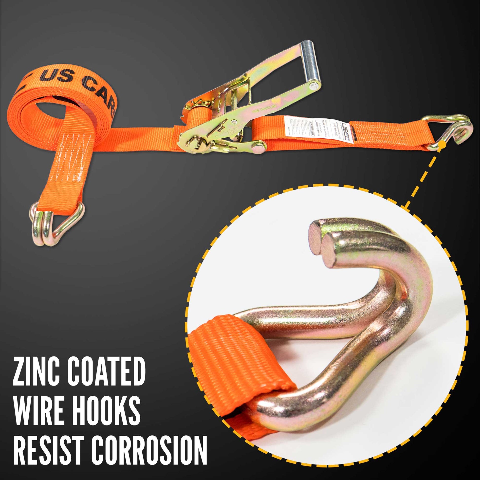 18' ratchet strap -  zinc coated wire hooks resist corrosion