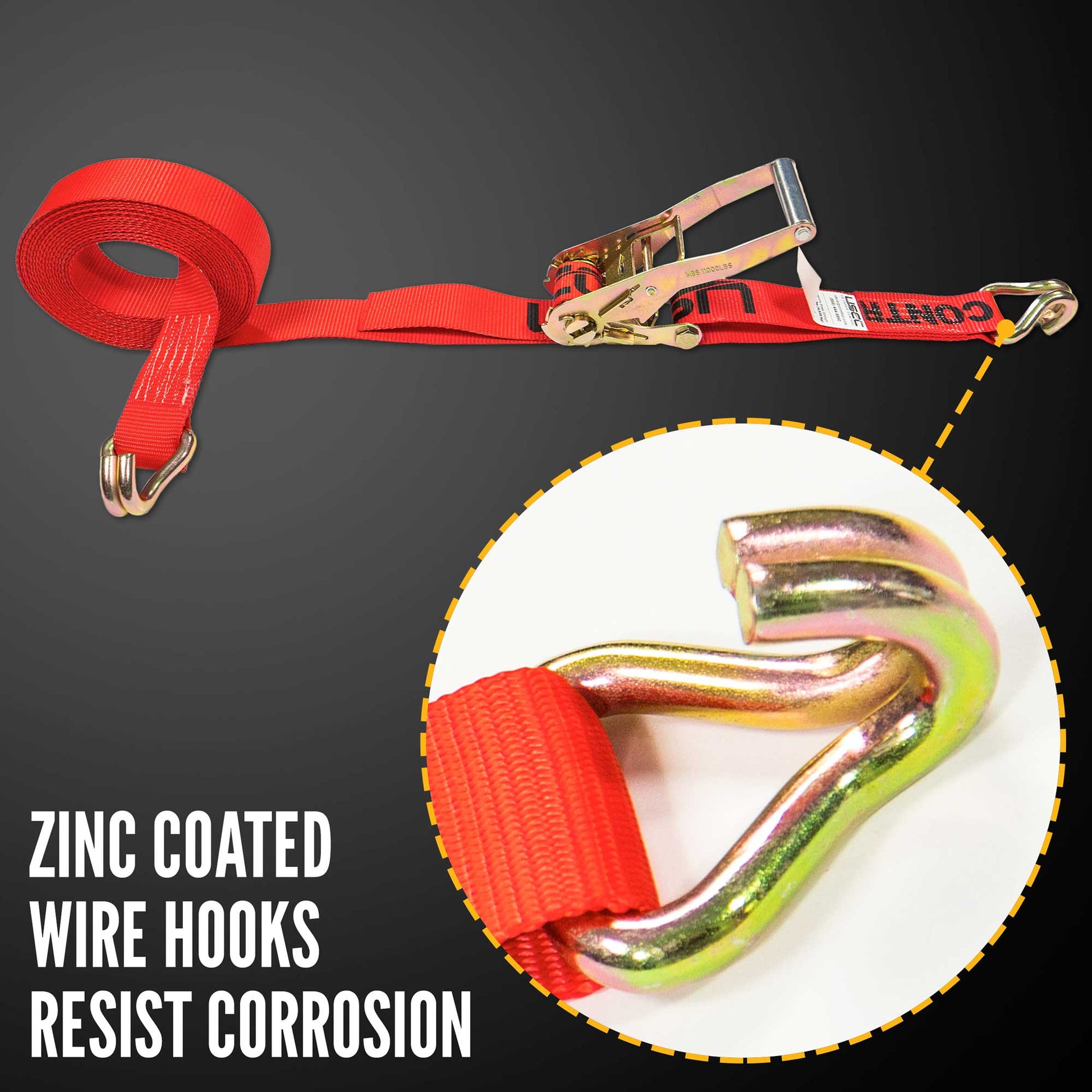 24' ratchet strap -  zinc coated wire hooks resist corrosion