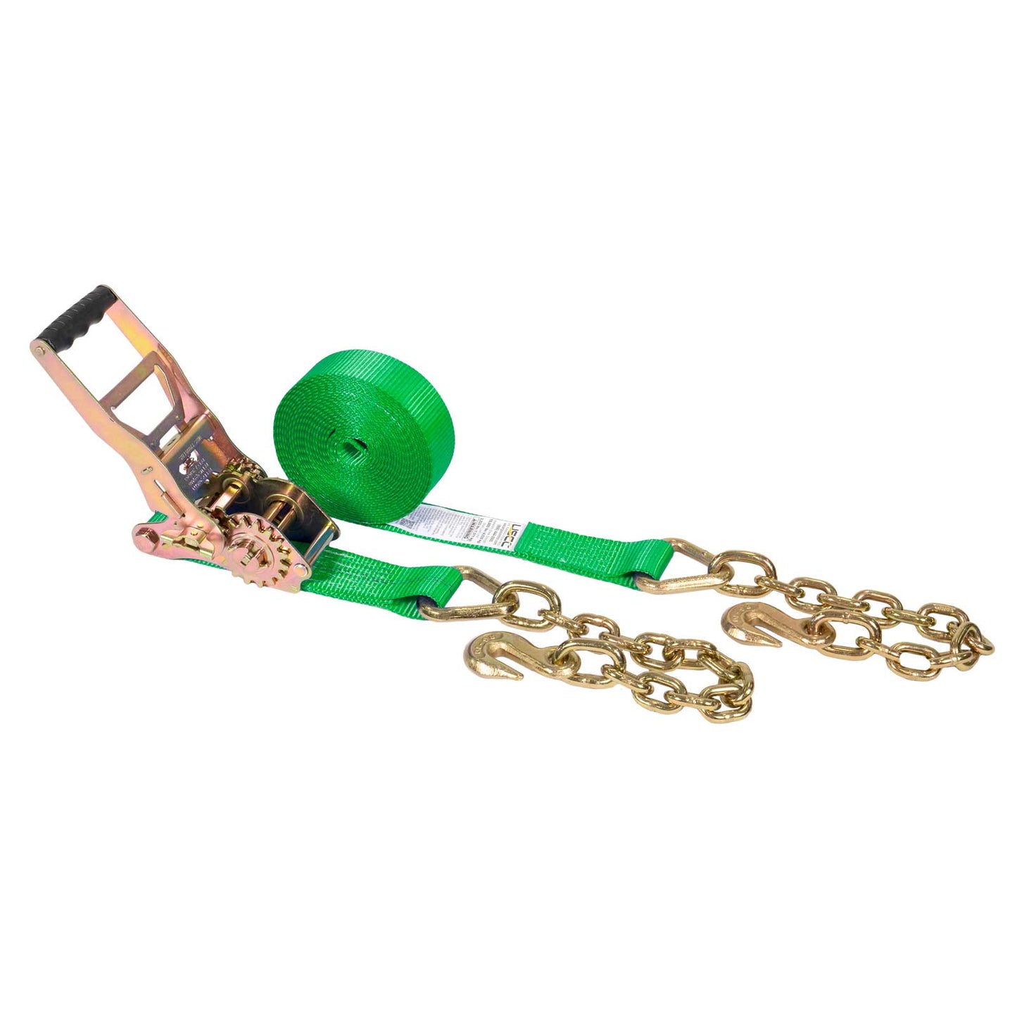 2" x 27' Gear-Driving Reverse-Action Ratchet Strap with Chain Ends | Green