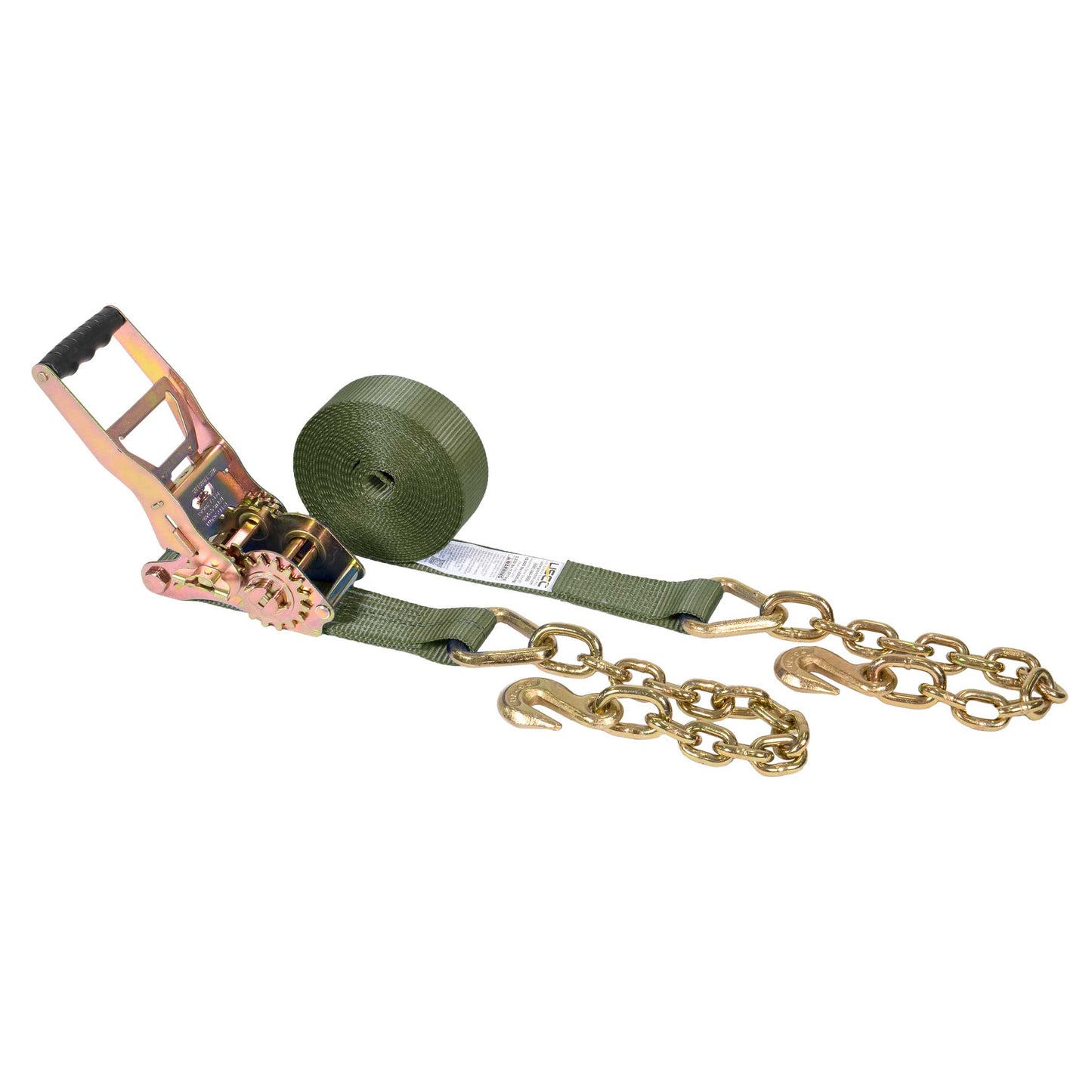 2" x 30' Gear-Driving Reverse-Action Ratchet Strap with Chain Ends | Olive Drab