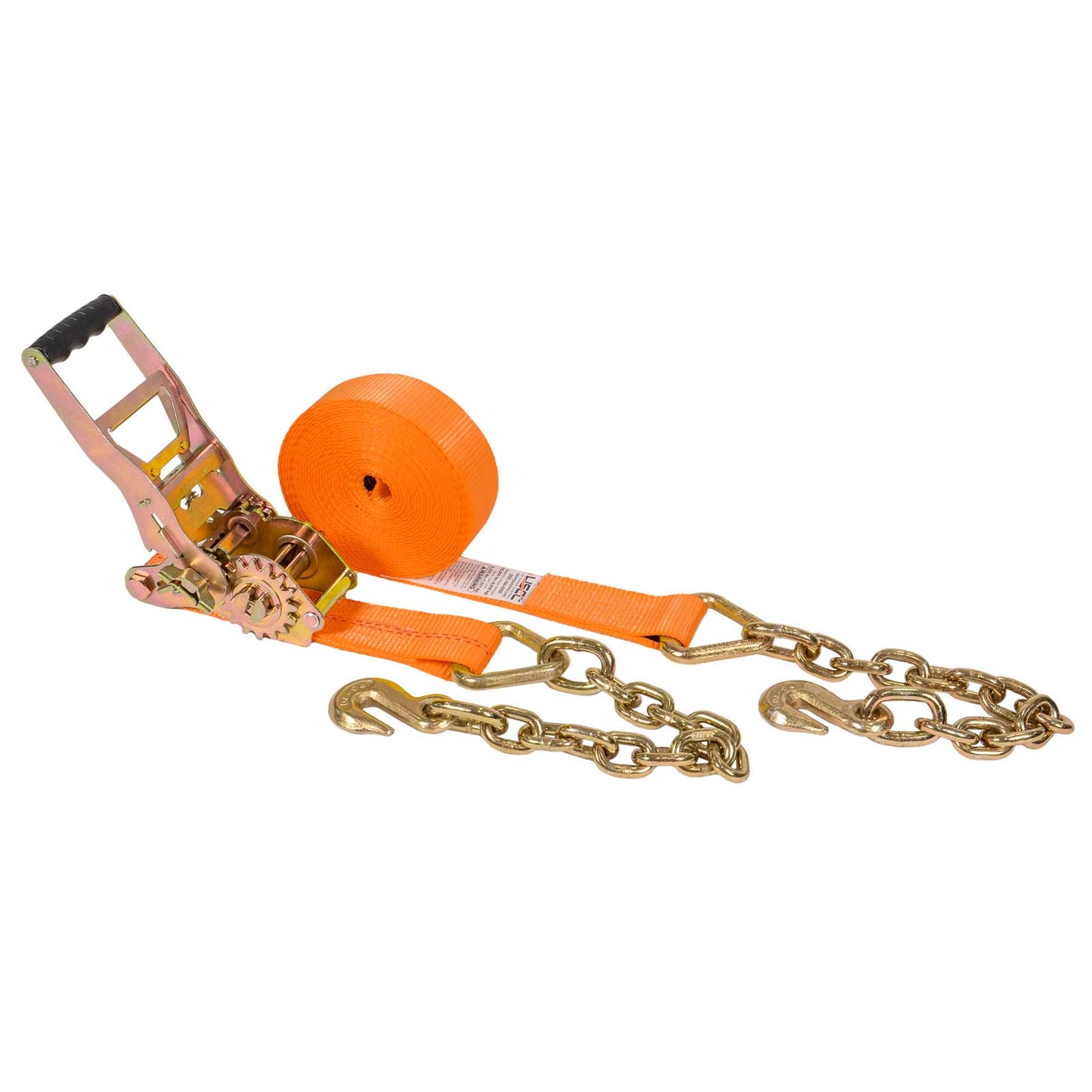 2" x 27' Gear-Driving Reverse-Action Ratchet Strap with Chain Ends | Orange