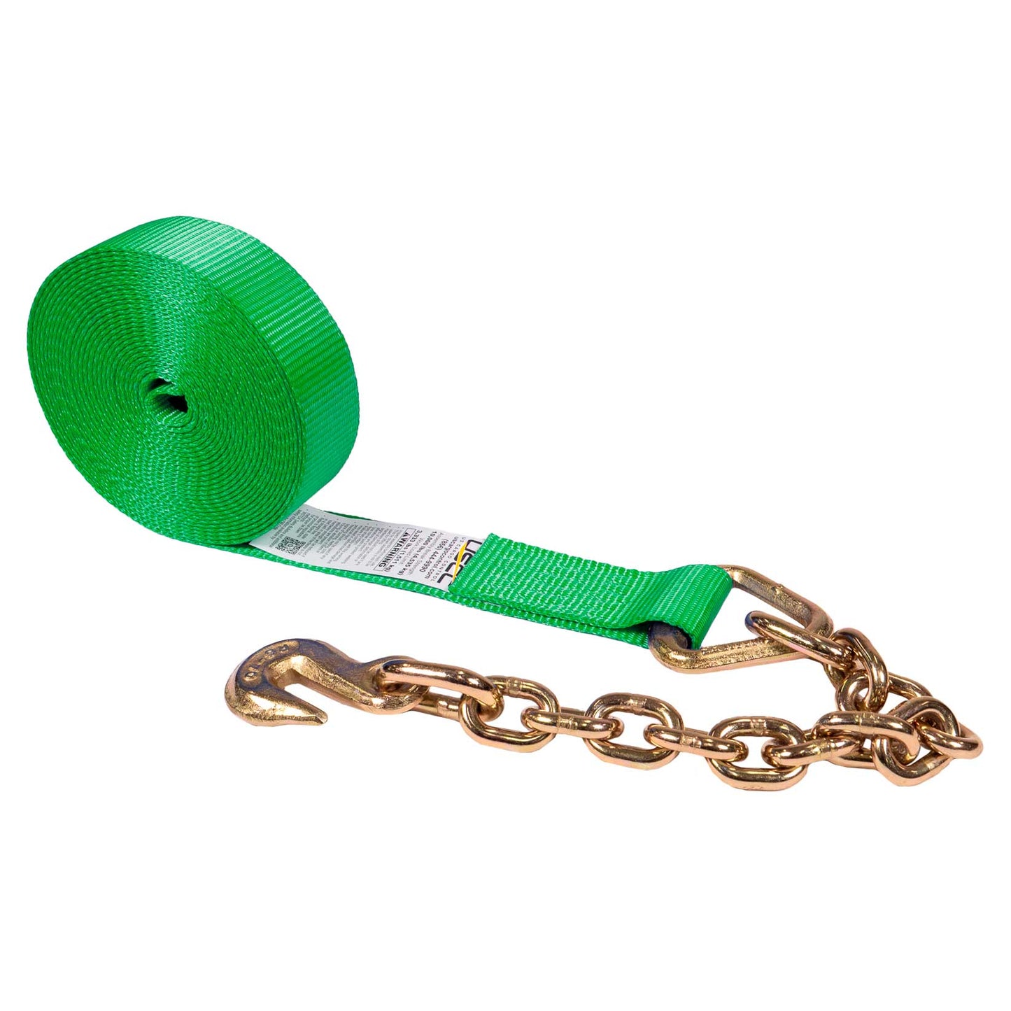 50' winch strap -  2" green chain end winch strap