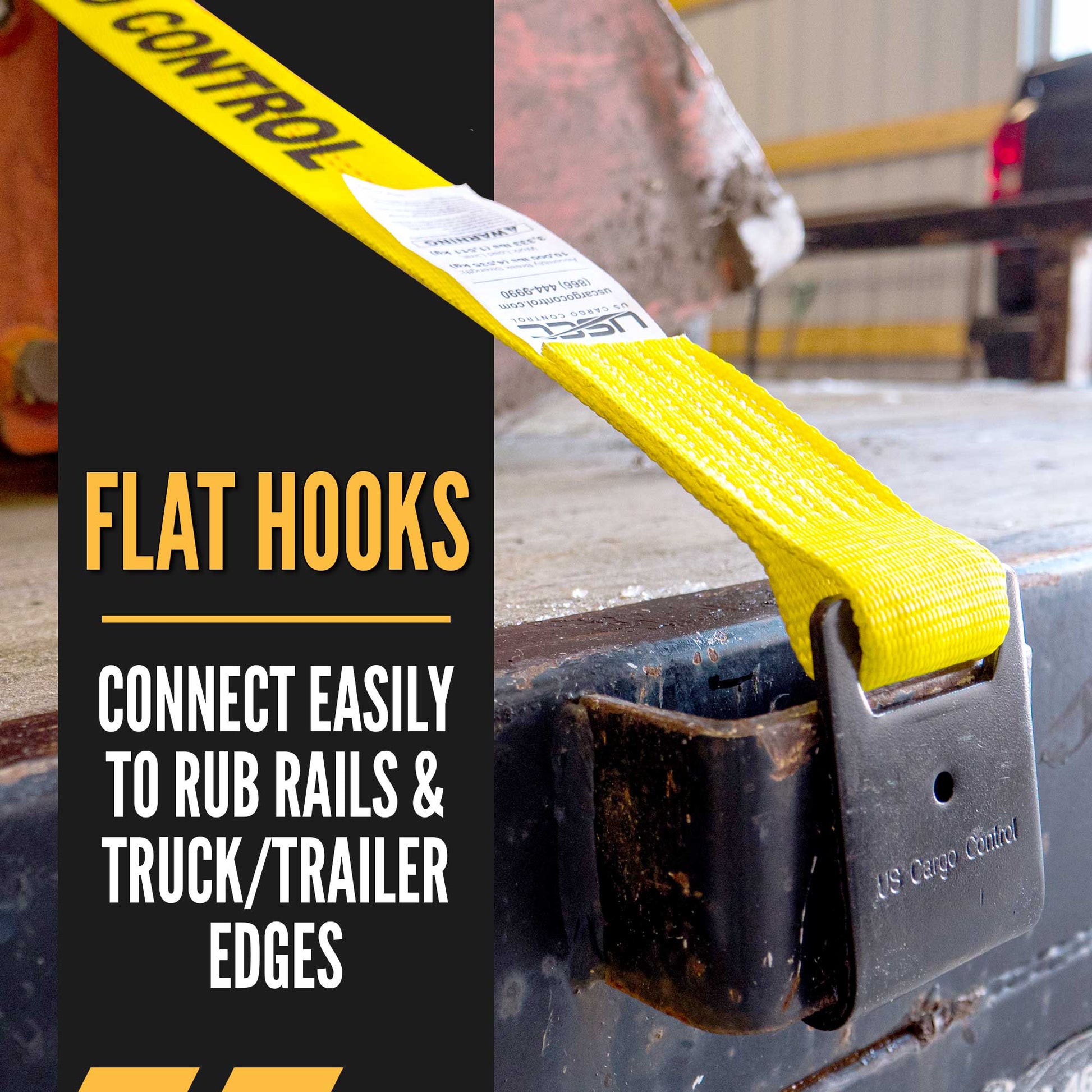 40' winch strap -  flat hooks connect to rub rails and truck/trailer edges