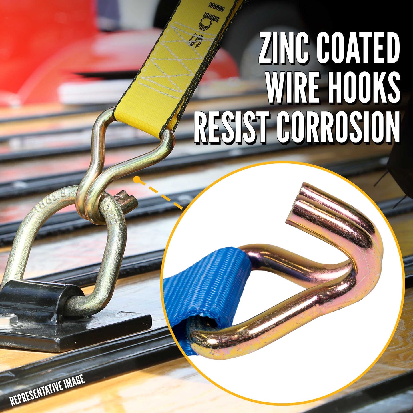 30' winch strap -  zinc coated wire hooks resist corrosion