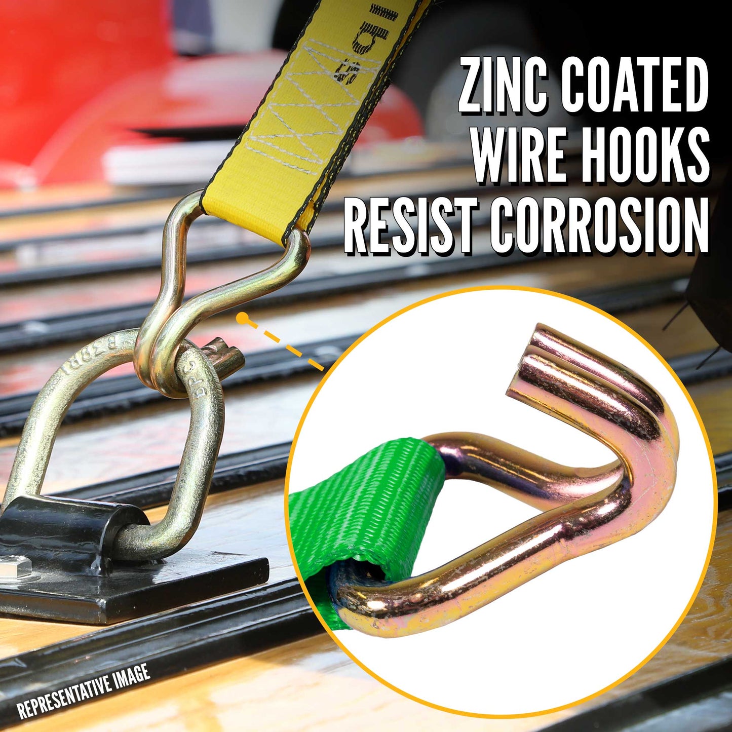 40' winch strap -  zinc coated wire hooks resist corrosion