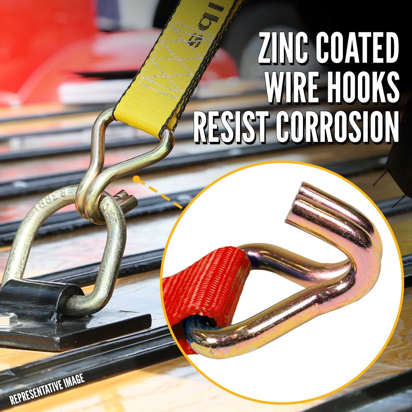 20' winch strap -  zinc coated wire hooks resist corrosion