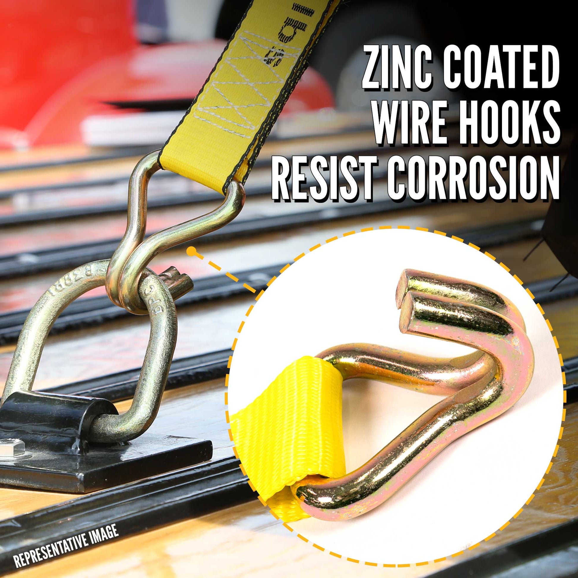 30' winch strap -  zinc coated wire hooks resist corrosion