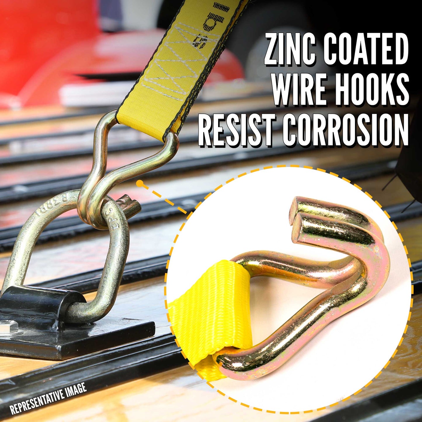 50' winch strap -  zinc coated wire hooks resist corrosion