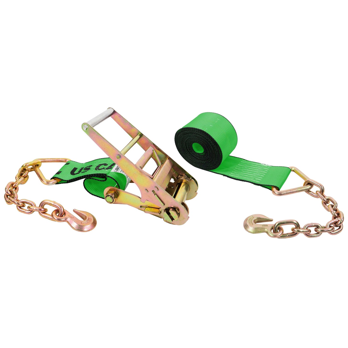 50' 4" heavy-duty green chain extension ratchet strap