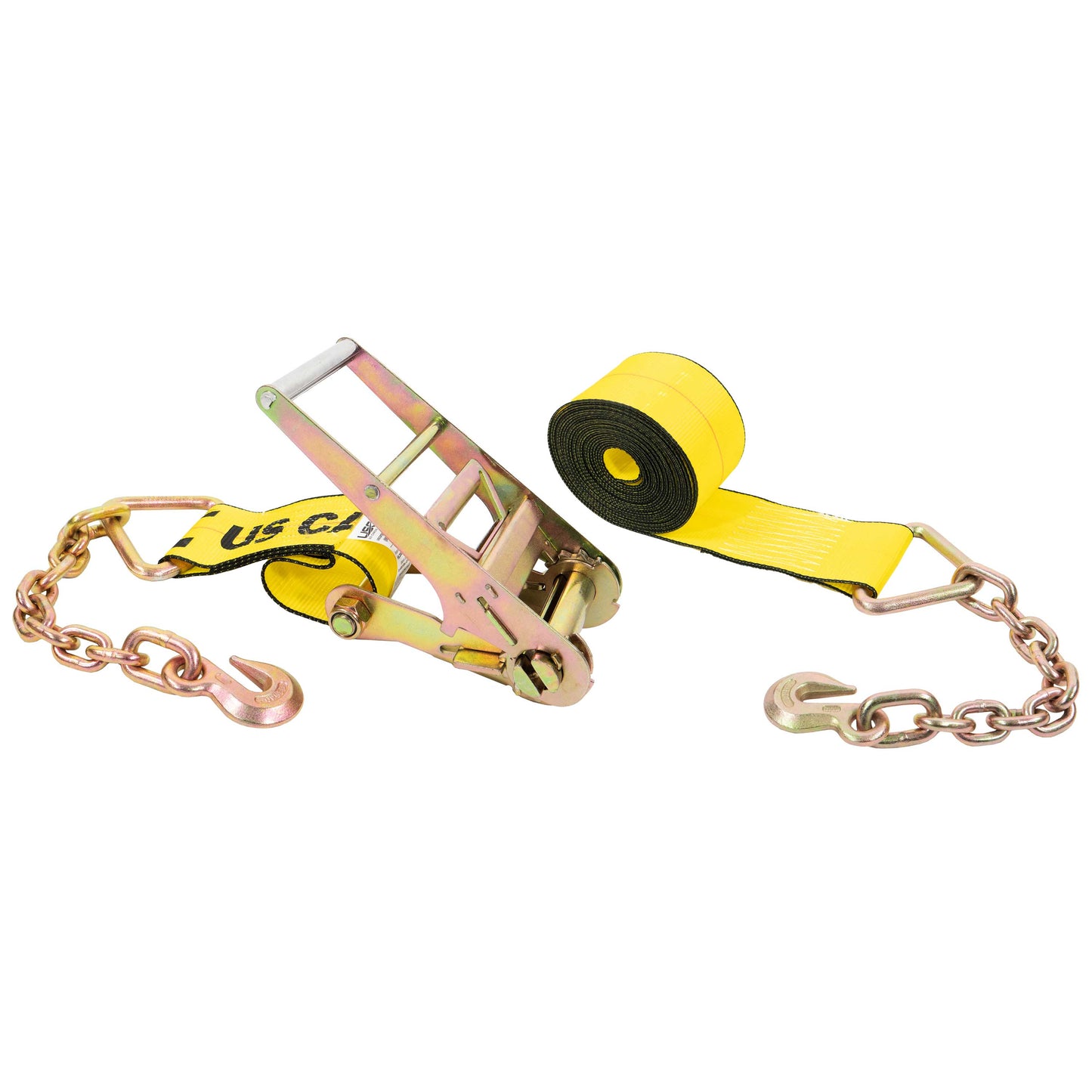 50' 4" heavy-duty yellow chain extension ratchet strap