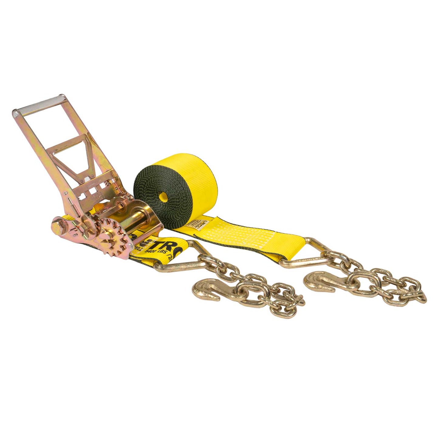 4" x 20' Gear-Driving Reverse-Action Ratchet Strap with Chain Ends | Yellow