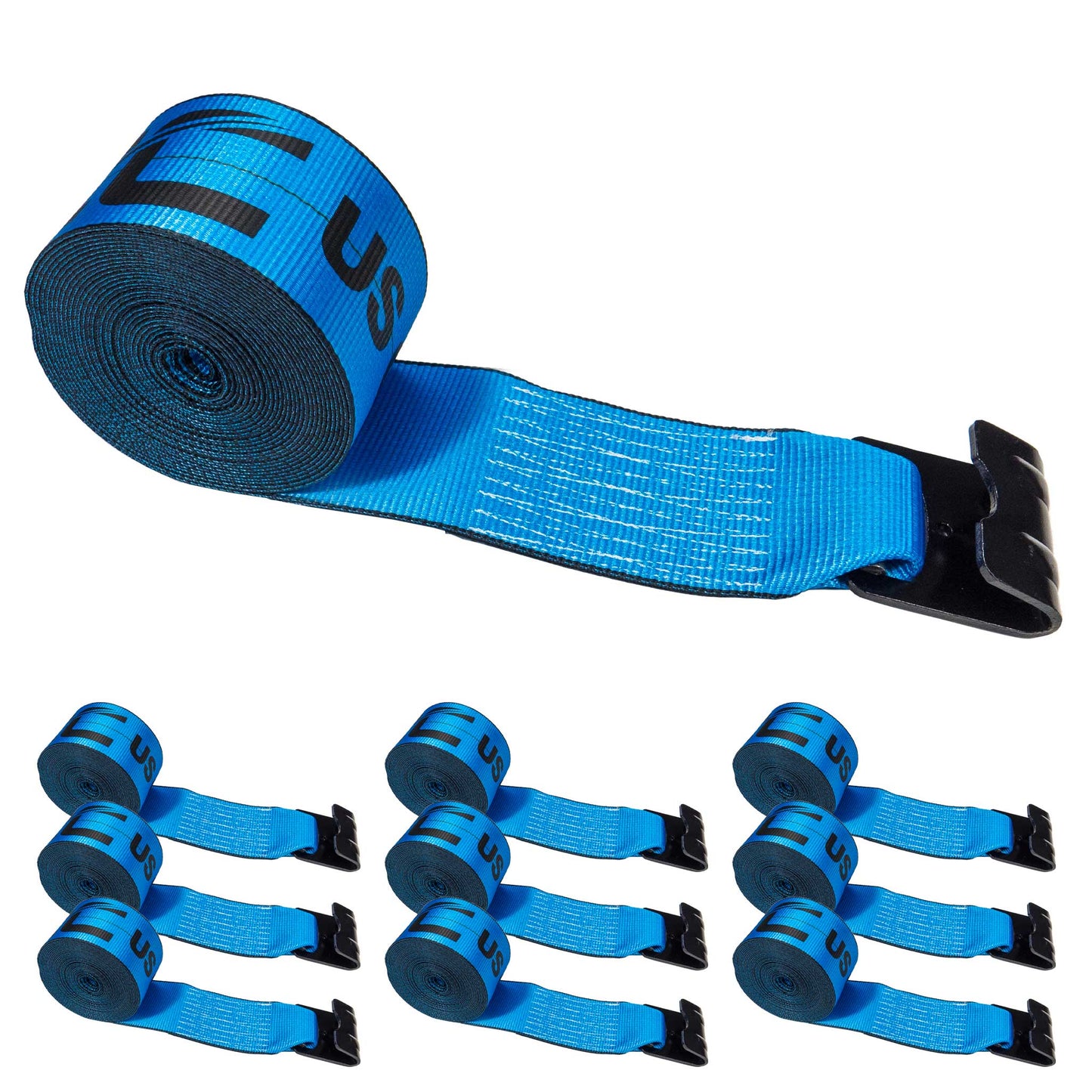 30' 4" heavy-duty blue flat hook winch strap 10 pack