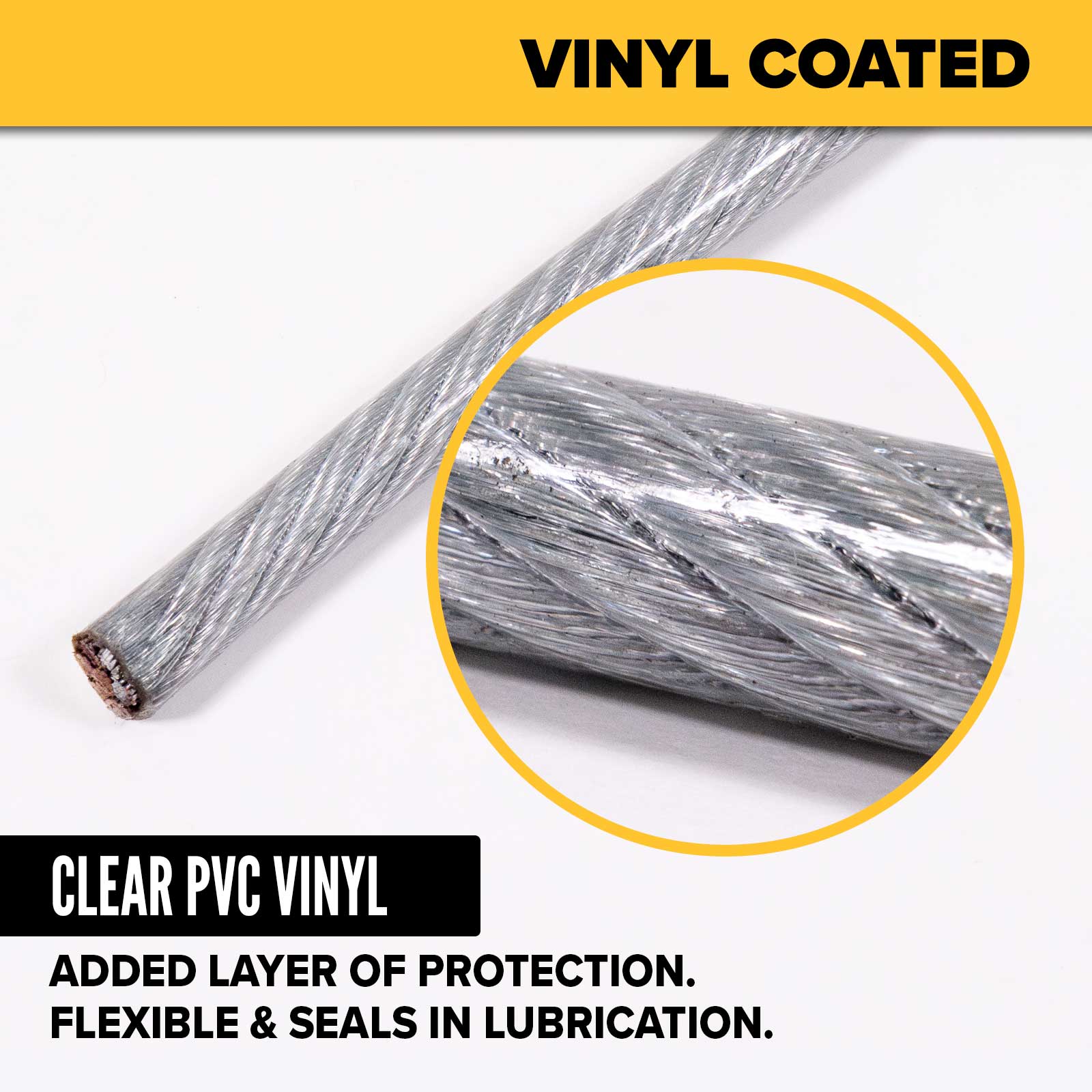 3/8" vinyl coated aircraft cable protects wire rope