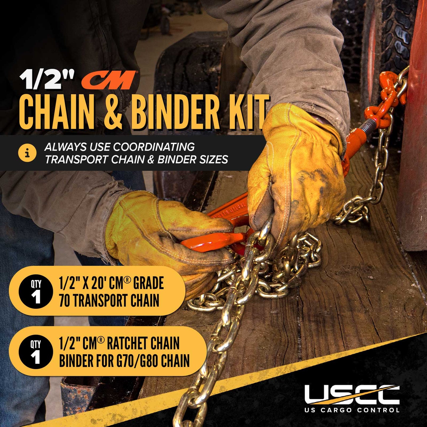 1/2" x 20' CM® Grade 70 Transport Chain and Binder Kit | Made in USA