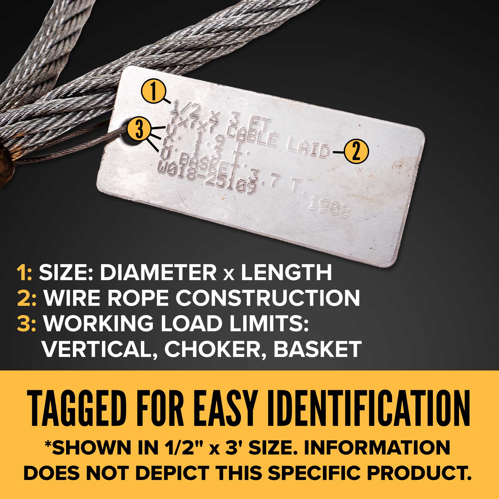 6' 1/2" 7x7x7 wire rope sling tagged for easy identification