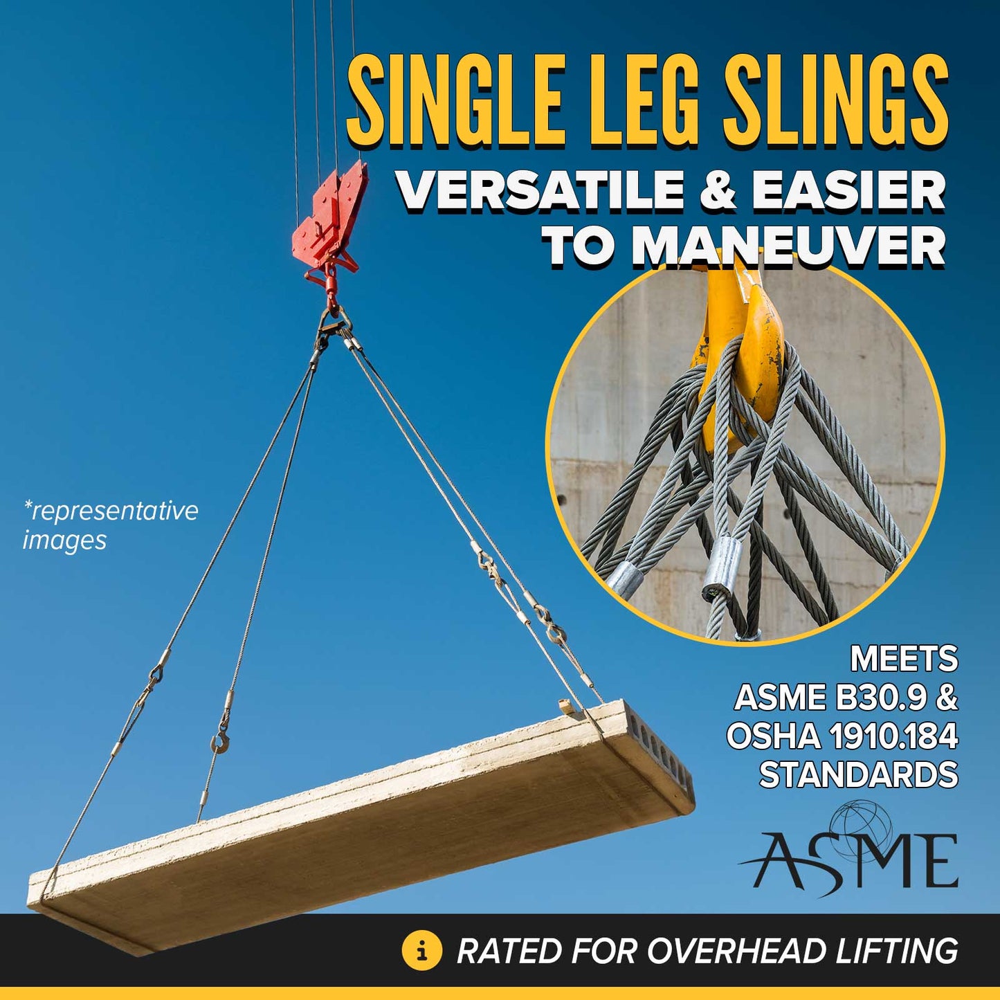 18' 5/8" single leg wire rope slings are versatile and meet all standards