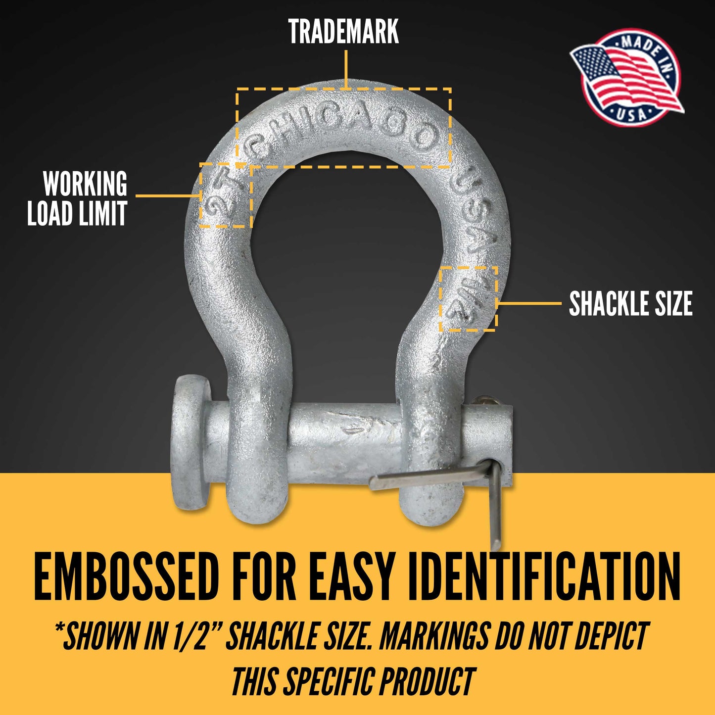 Anchor Shackle - Chicago Hardware - Round Pin - 1/4" Galvanized Steel - .5 Ton embossed for easy identification