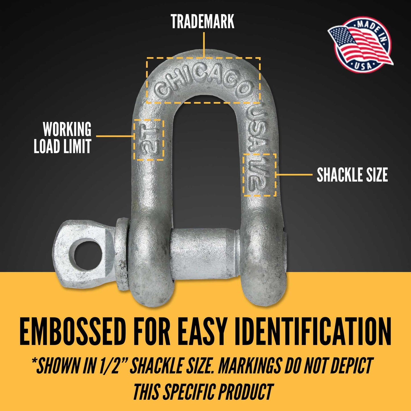 Screw Pin Chain Shackle - Chicago Hardware - 7/16" Galvanized Steel - 1.5 Ton embossed for easy identification