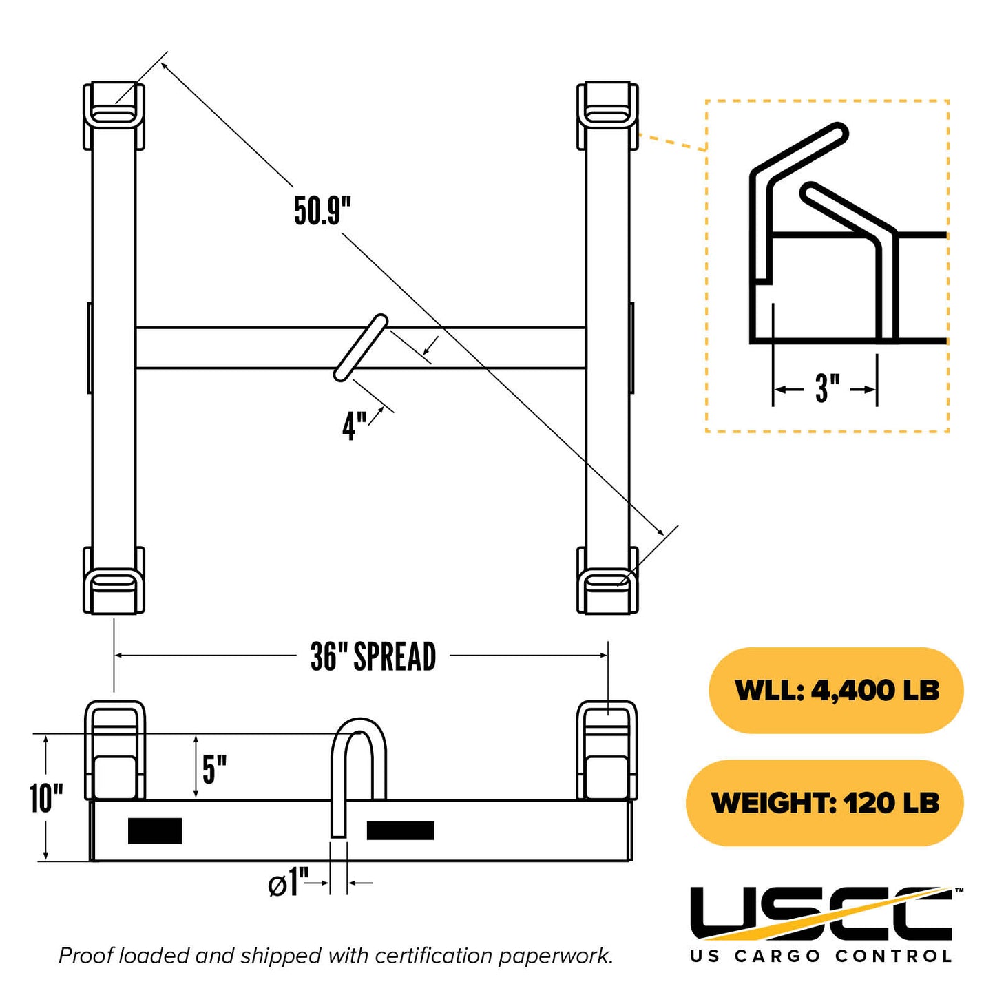 Container Lifting Beam -  4,000 Lb. Capacity - 3' Max Spread