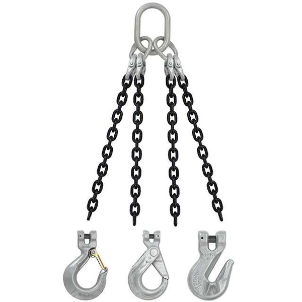 9/32 x 3' - Domestic 4 Leg Chain Sling with Crosby Self-Locking Hooks - Grade 100