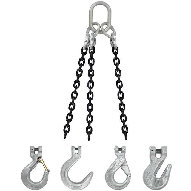 5/16" x 10' - Domestic 3 Leg Chain Sling with Crosby Grab Hooks - Grade 100