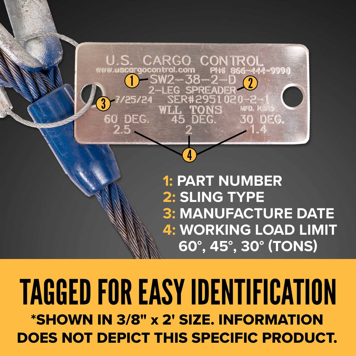 4' 7/8" domestic wire rope sling tagged for easy identification