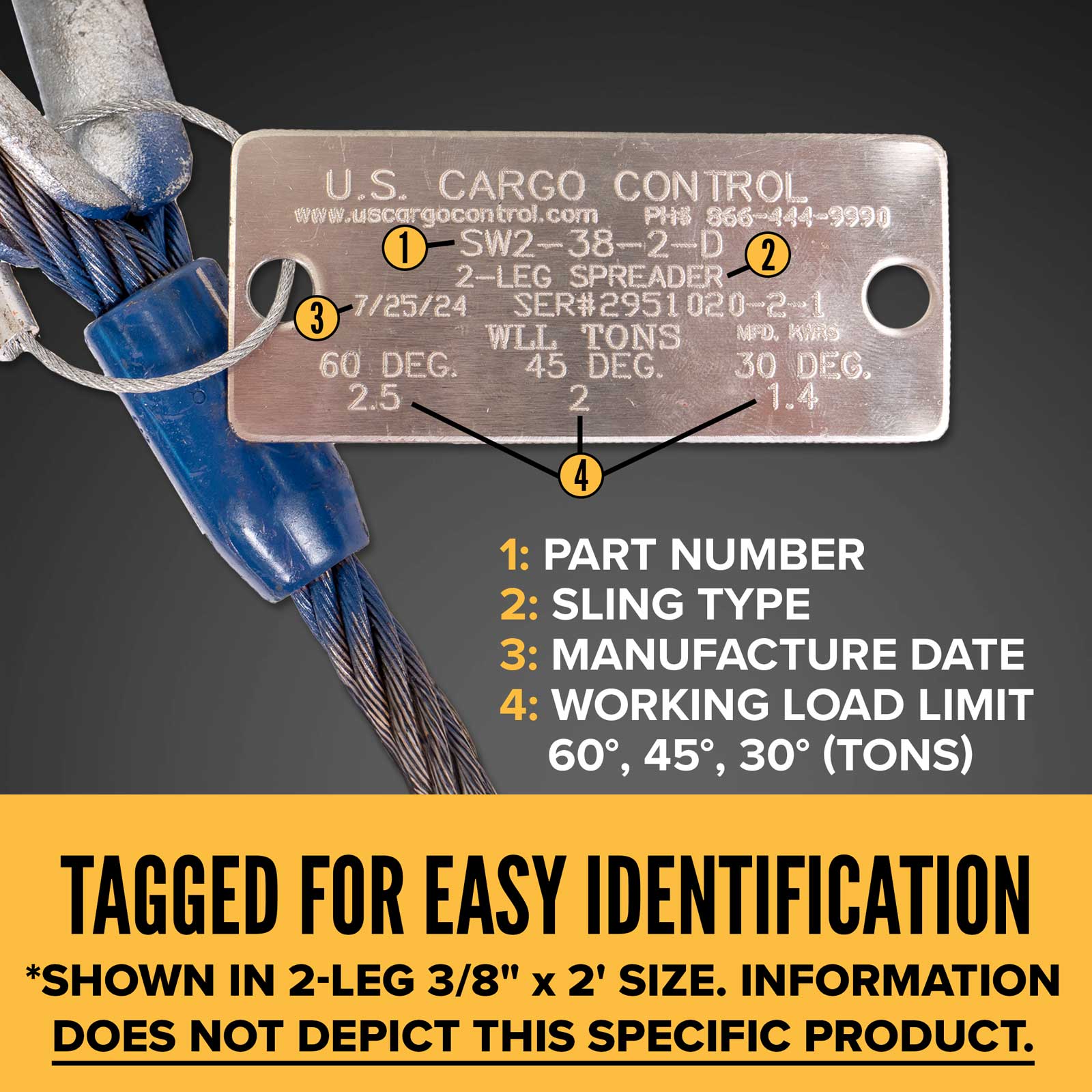 6' 7/8" domestic wire rope sling tagged for easy identification