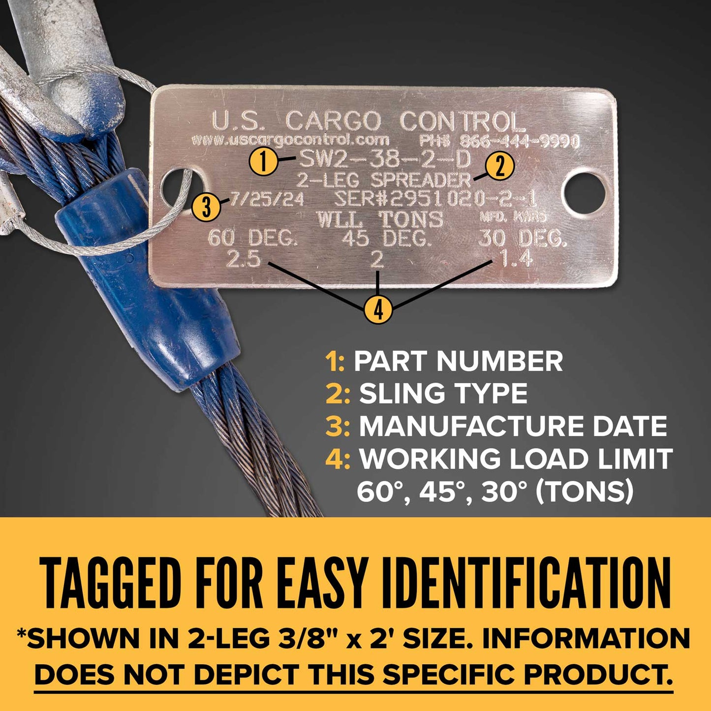 14' 1" domestic wire rope sling tagged for easy identification