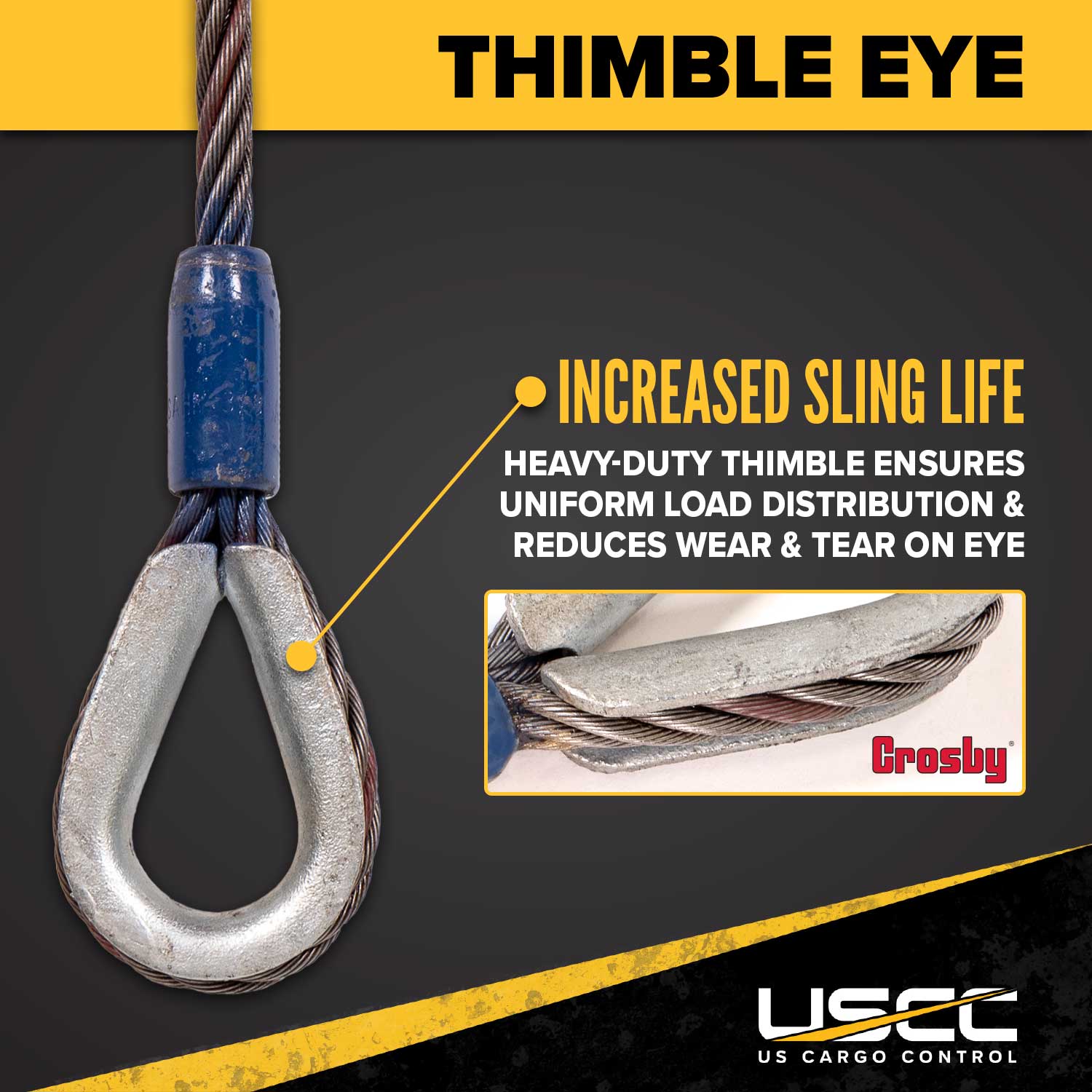 6' 3/8" crosby thimble eye protects wire rope sling