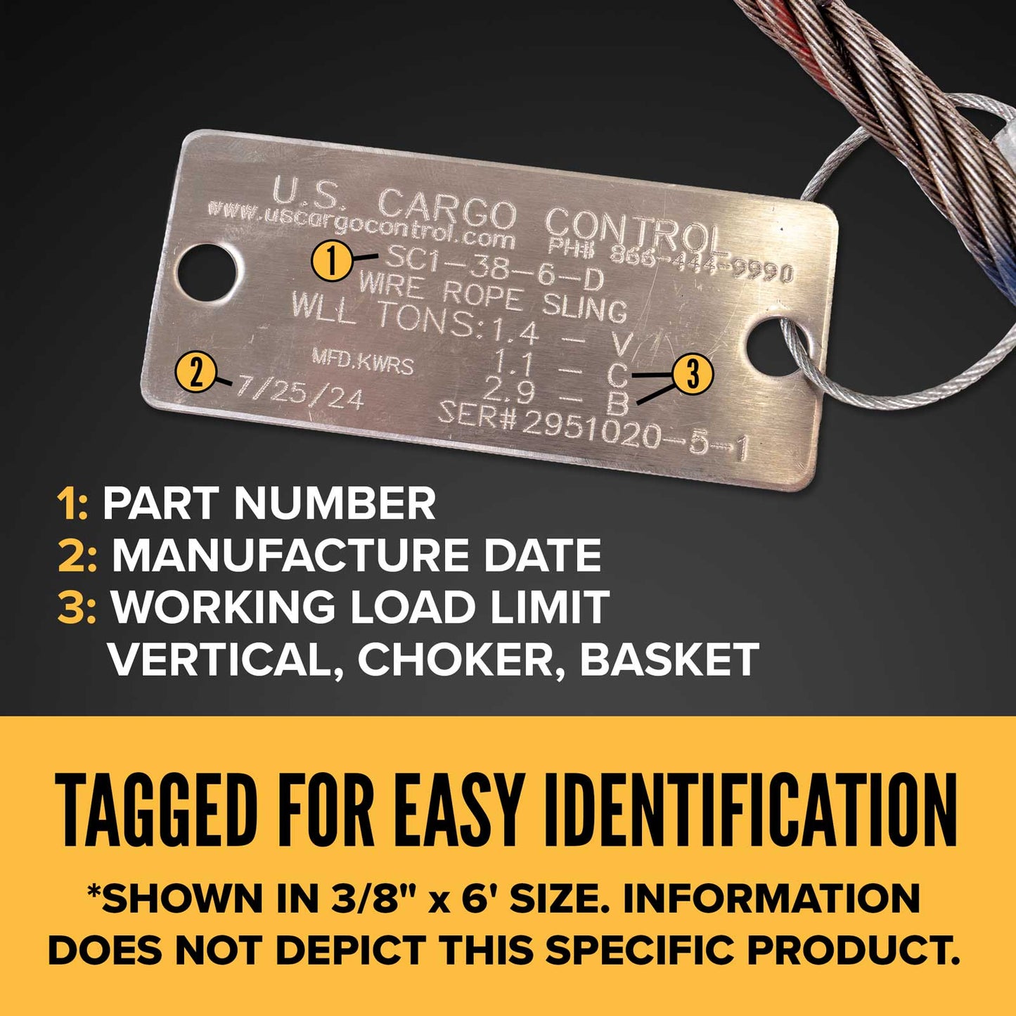 8' 1" domestic wire rope sling tagged for easy identification