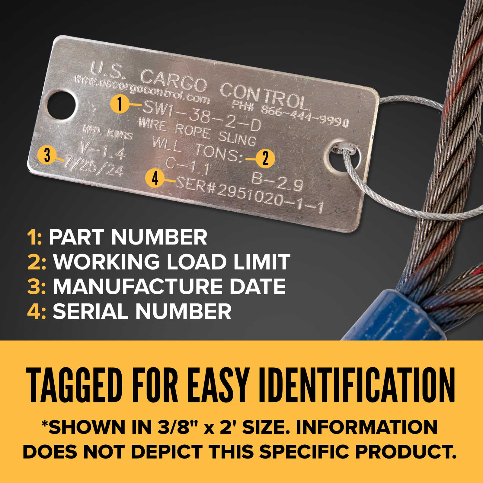 18' 1-3/8" domestic wire rope sling tagged for easy identification