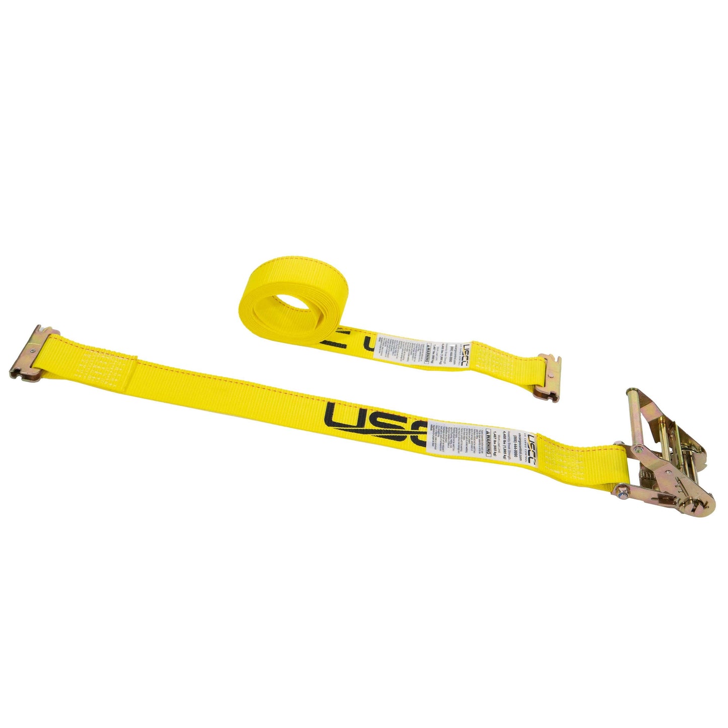  yellow 12'  E track ratchet strap with 2' fixed end