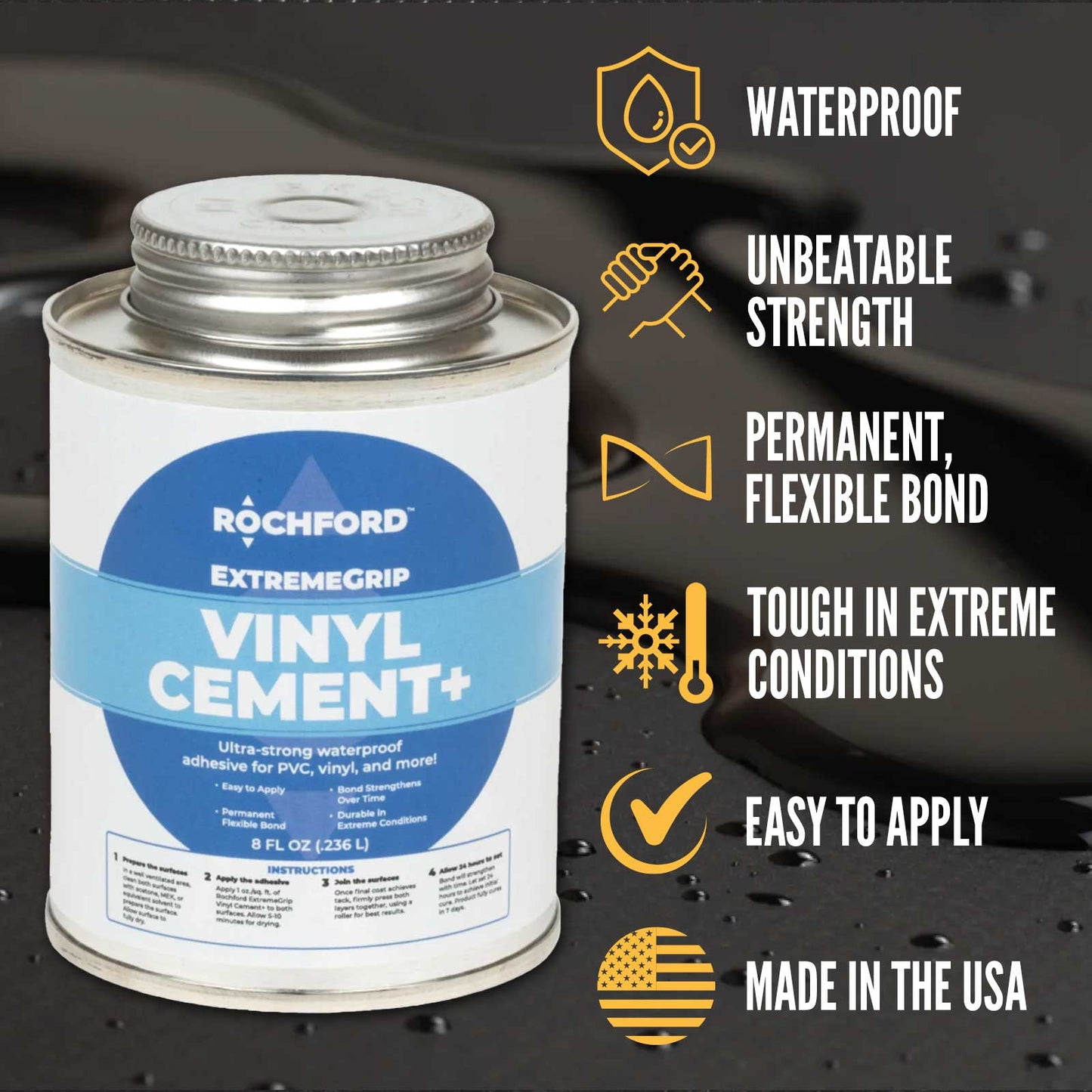 Rochford ExtremeGrip Vinyl Cement+ | 8oz. Can w/ Brush Applicator Lid