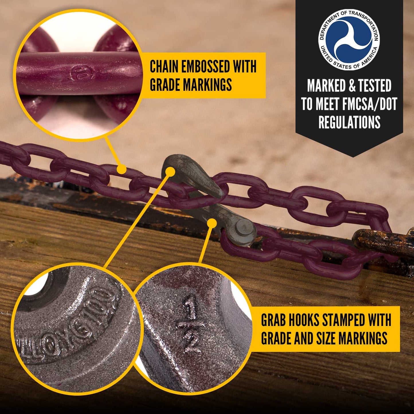 1/2" x 10' Tie Down Chain with Clevis Grab Hooks | Grade 100