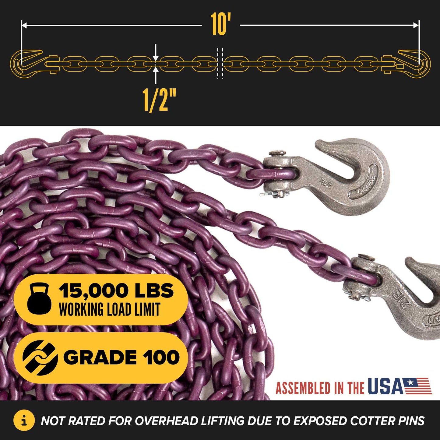 1/2" x 10' Tie Down Chain with Clevis Grab Hooks | Grade 100