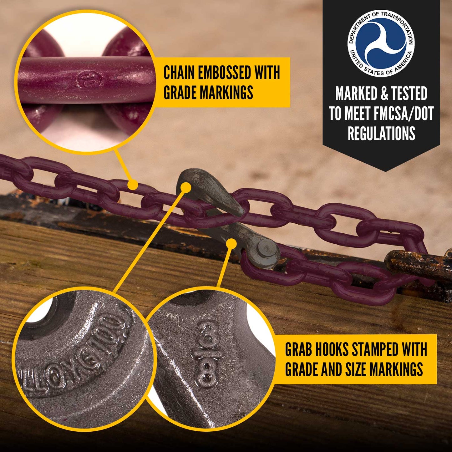 3/8" x 10' Tie Down Chain with Clevis Grab Hooks | Grade 100