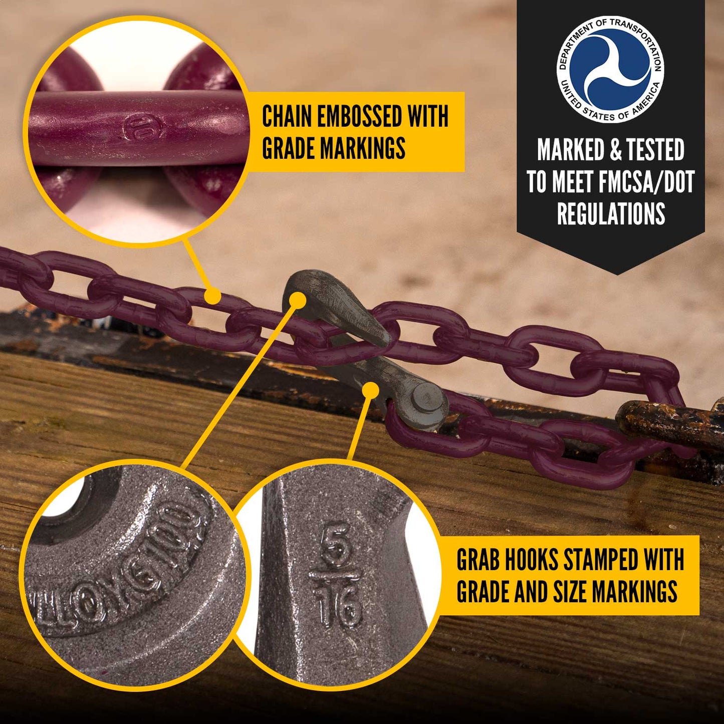 5/16" x 10' Tie Down Chain with Clevis Grab Hooks | Grade 100