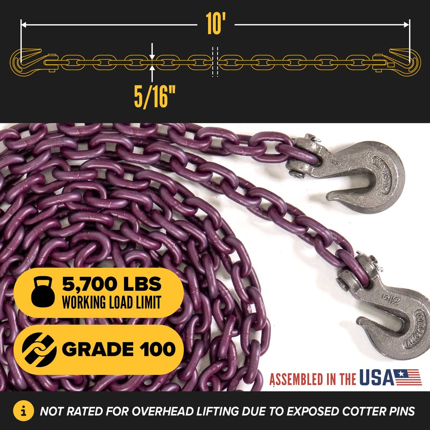 5/16" x 10' Tie Down Chain with Clevis Grab Hooks | Grade 100