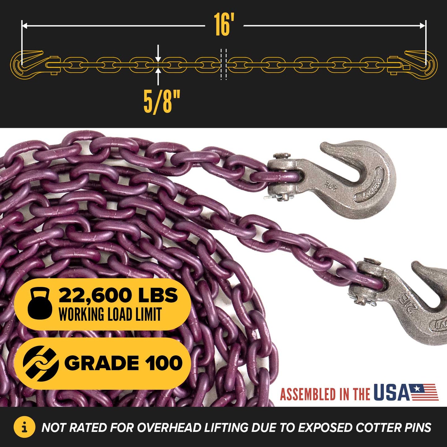 5/8" x 16' Tie Down Chain with Clevis Grab Hooks | Grade 100