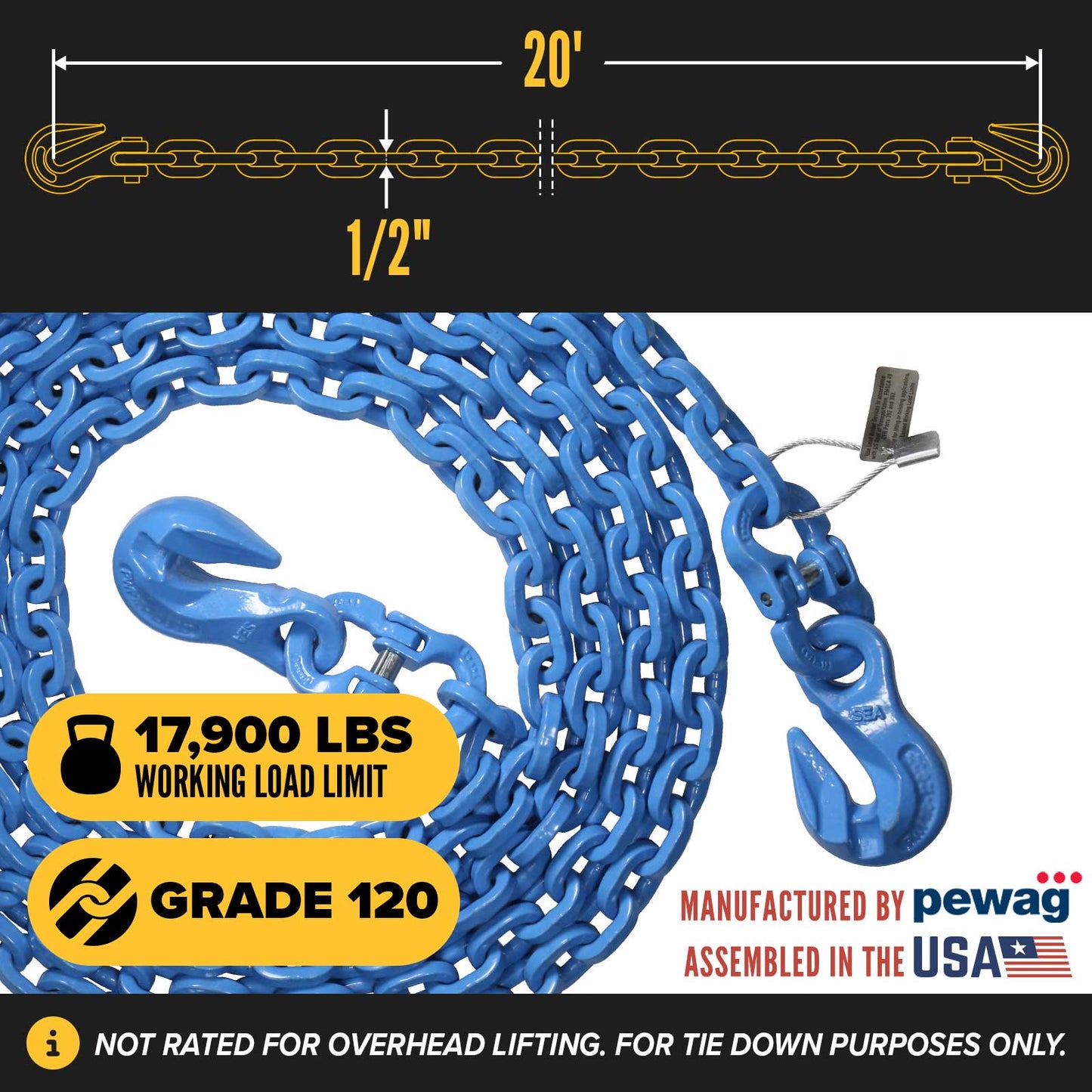 1/2" x 20' Tie Down Chain with Eye Grab Hooks | Grade 120