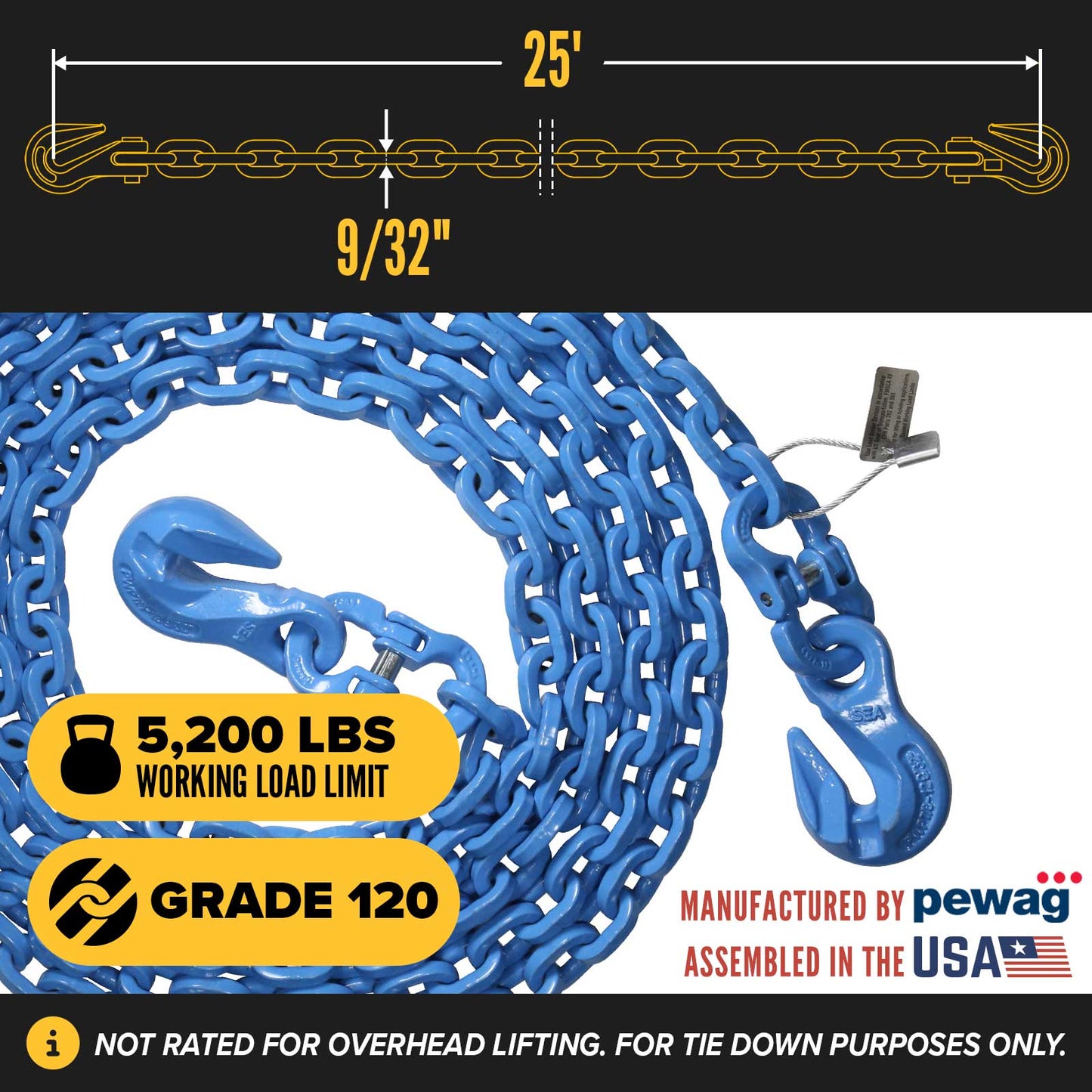 9/32" x 25' Tie Down Chain with Eye Grab Hooks | Grade 120