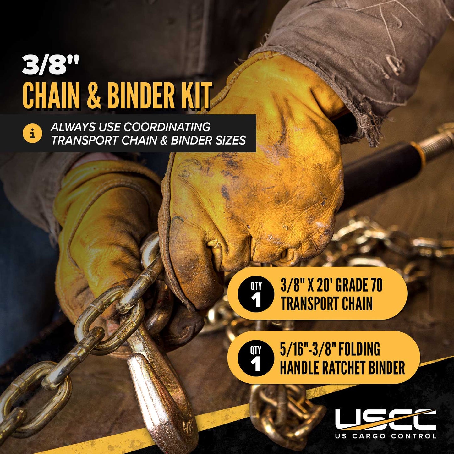 3/8" x 20' Grade 70 Transport Chain and Binder Kit | Folding Handle Ratchet Binder