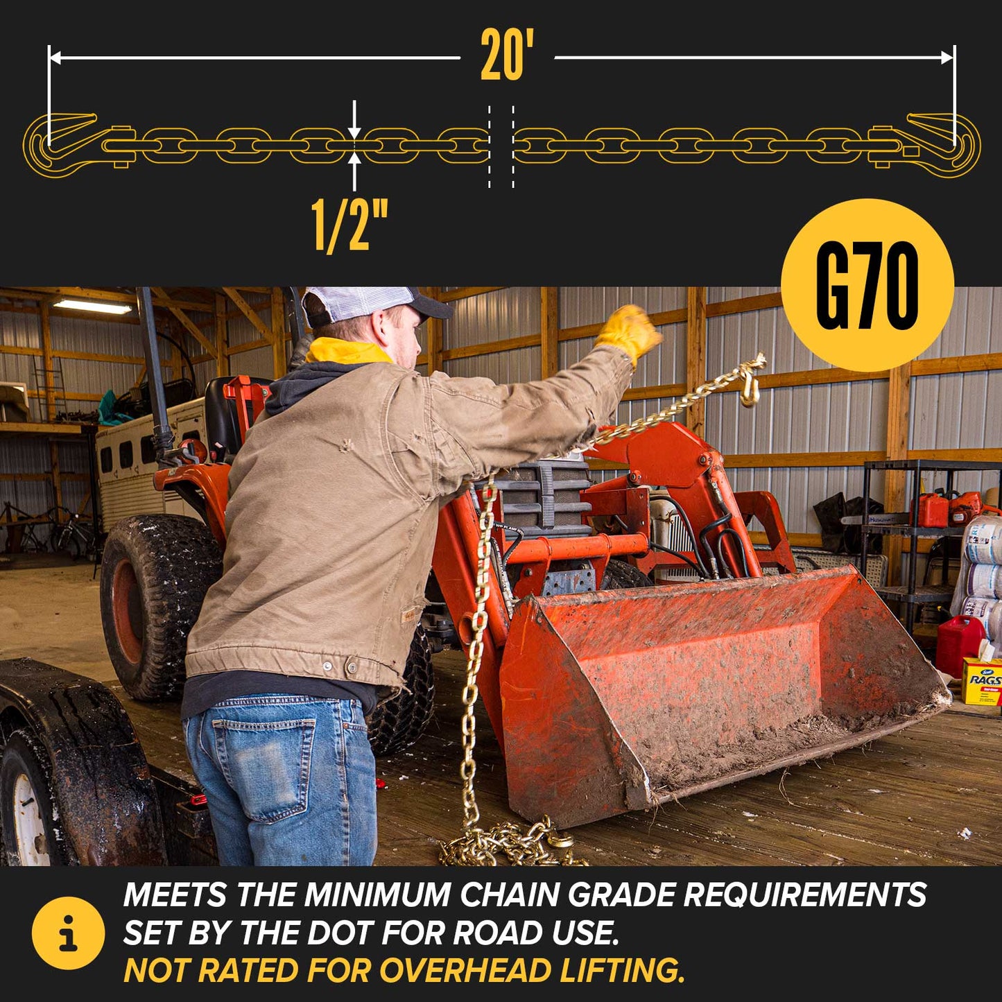 1/2" x 20' Grade 70 Transport Chain with Clevis Grab Hooks