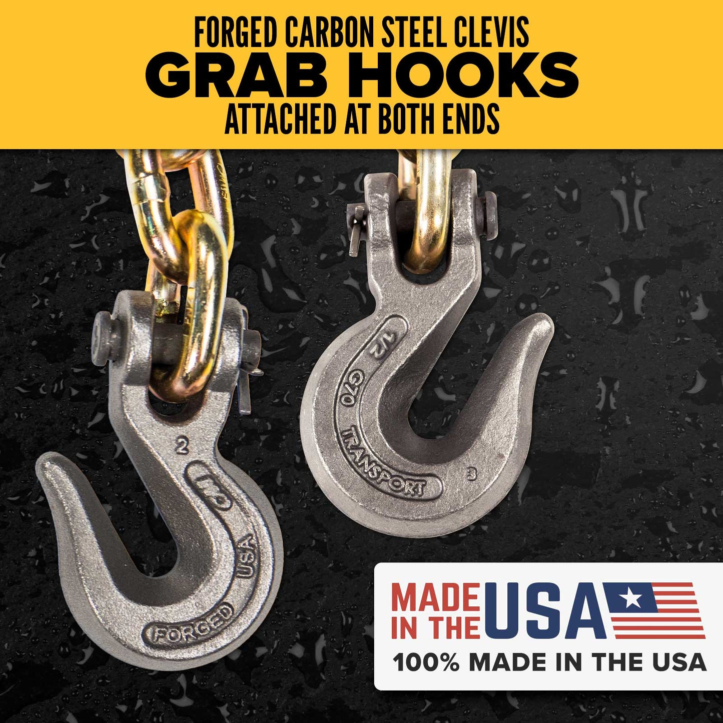 1/2" x 20' CM® Grade 70 Transport Chain with Clevis Grab Hooks | Made in USA